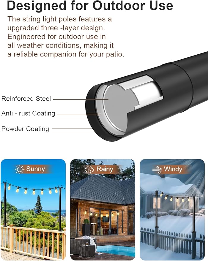 4 Pack String Light Poles for Deck, 5Ft Heavy-Duty Metal Deck Light Poles for Outside with Fixing Clips, Lighting Hanging Post Accessories for Patio Decor Garden Backyard Yard Fence Porch Decorations