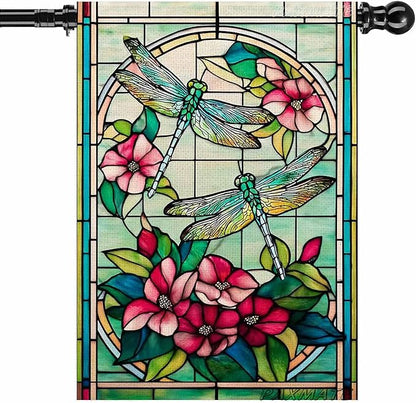 Spring Summer Dragonfly House Flag 28x40 Inch Double Sided, Stained Glass Dragonfly Floral Outdoor Flag Colorful Flower Large Yard Flag Seasonal Lawn Porch Farmhouse Decor