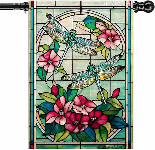 Spring Summer Dragonfly House Flag 28x40 Inch Double Sided, Stained Glass Dragonfly Floral Outdoor Flag Colorful Flower Large Yard Flag Seasonal Lawn Porch Farmhouse Decor