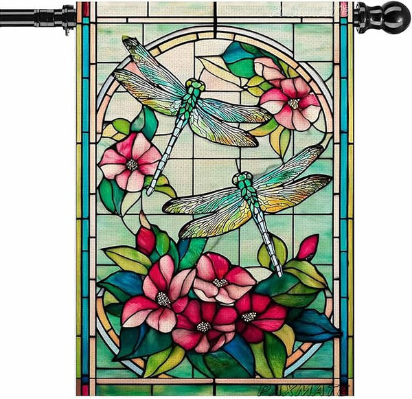 Spring Summer Dragonfly House Flag 28x40 Inch Double Sided, Stained Glass Dragonfly Floral Outdoor Flag Colorful Flower Large Yard Flag Seasonal Lawn Porch Farmhouse Decor