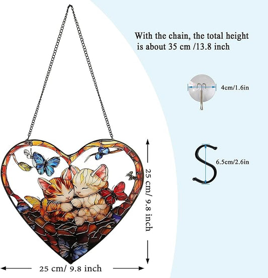 Stained Glass Window Hanging, Sleeping Cats Suncatcher for Window Decoration, Heart-Shaped Cat Butterfly Sun Catcher Christmas Birthday Gifts for Cat Lover 9.8 in (Cats)
