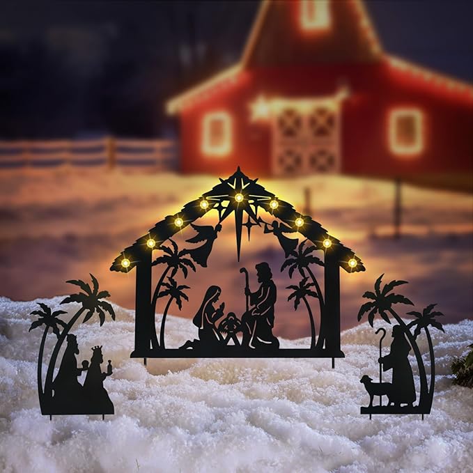 Solar Nativity Scene Outdoor,3Pack Lighted Outdoor Christmas Decorations,Metal Silhouette Nativity Set Outside for Yard Garden Stake