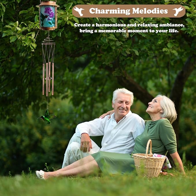 Solar Wind Chimes for Outdoor, Hummingbird Garden Decorations Memorial Wind Chimes Deep Tone, Sympathy Windchimes for Outside Garden Décor, Gifts for Mom, Grandma-Hummingbird