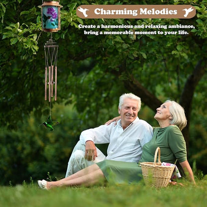 Solar Wind Chimes for Outdoor, Hummingbird Garden Decorations Memorial Wind Chimes Deep Tone, Sympathy Windchimes for Outside Garden Décor, Gifts for Mom, Grandma-Hummingbird