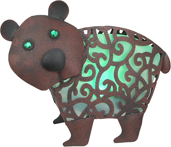Things2Die4 Whimsical 12 Inch Long Metal Bitty Bear with Solar-Powered Green LED Light: Adorable Yard Decor, Artistic Garden Sculpture Illuminating Your Outdoor Space
