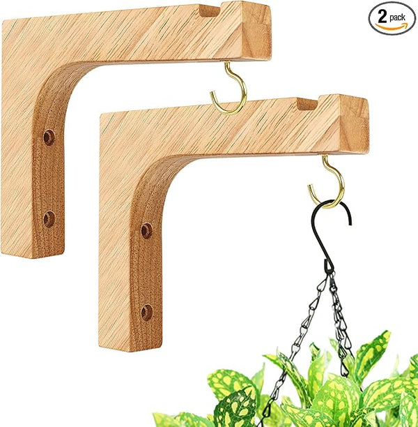 Macrame Plant Hanger, Hanging Wall Planters for Indoor Plants, Wooden Hanging Basket Hooks for Outdoor Pots Wind Chime Flower Bracket Lanterns Patio Garden Decoration (2-Pack,5-Inch)