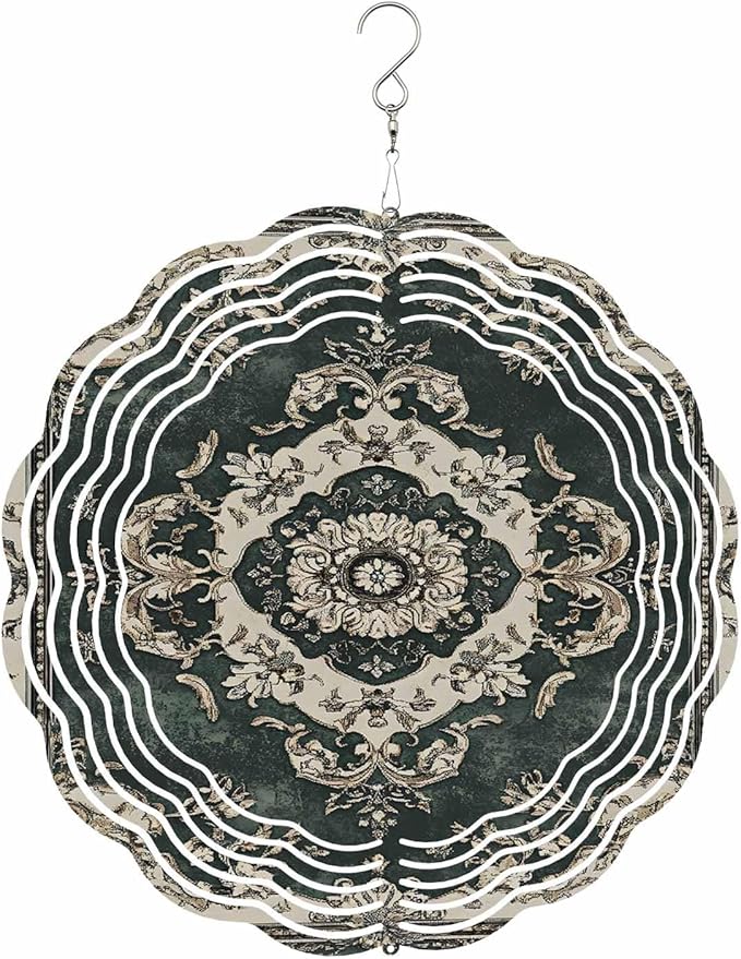 Stainless Steel Wind Spinner for Yard Garden Decoration, Dark Green Ethnic Beige Floral Retro Print Round Wind Sculpture Spinner 3D Crafts Hanging Ornaments for Indoor Outdoor, 8 Inch