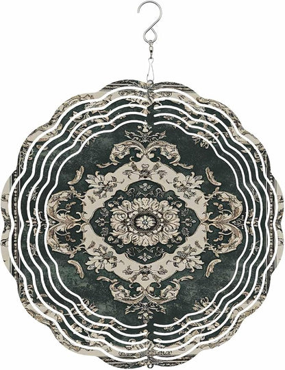 Stainless Steel Wind Spinner for Yard Garden Decoration, Dark Green Ethnic Beige Floral Retro Print Round Wind Sculpture Spinner 3D Crafts Hanging Ornaments for Indoor Outdoor, 8 Inch
