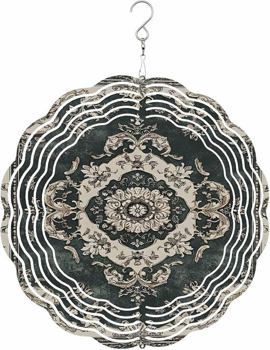 Stainless Steel Wind Spinner for Yard Garden Decoration, Dark Green Ethnic Beige Floral Retro Print Round Wind Sculpture Spinner 3D Crafts Hanging Ornaments for Indoor Outdoor, 8 Inch