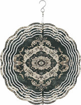 Stainless Steel Wind Spinner for Yard Garden Decoration, Dark Green Ethnic Beige Floral Retro Print Round Wind Sculpture Spinner 3D Crafts Hanging Ornaments for Indoor Outdoor, 8 Inch