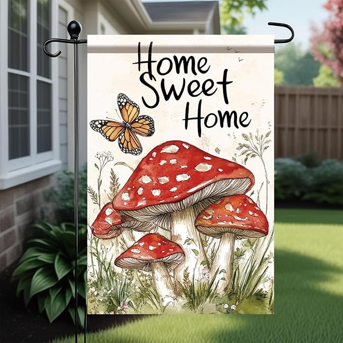 Mushroom Garden Flag 12x18 Inch Double Sided Spring Summer Welcome Mushroom Yard Flag Seasonal Farmhouse Decor Garden Lawn Yard Outdoor Decorations