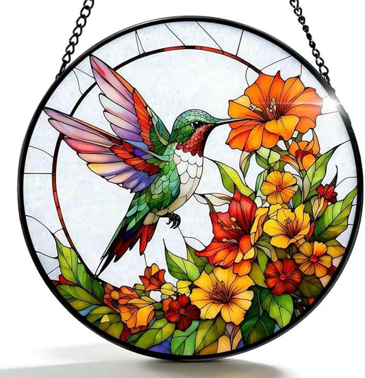 Stained Glass Window Hanging - Hummingbirds are Collecting Nectar 7.8 Inches Suncatcher for Garden Home Decor for Women Mon Grandma Friends