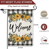 LARMOY Welcome Spring House Flag for Outdoor,28×40 Double Sided Black and White Buffalo Plaid with Sunflowers,Large Decorative Yard Flags for Summer All Seasons, Seasonal Farmhouse Outside Decor