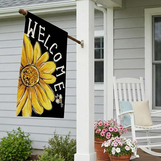 CROWNED BEAUTY Spring Summer House Flag Daisy Bee Double Sided 28x40 Inches Large Burlap Welcome Holiday Seasonal Yard Decoration for Outside Porch