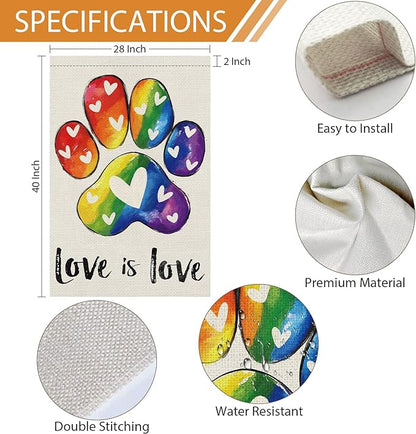 Heyfibro Love is Love Pride Garden Flag 28x40 Double Sided Burlap, Rainbow Footprints Gay Lesbian LGBT Pansexual Yard Banner for Pride Month Outdoor Decoration (ONLY FLAG)