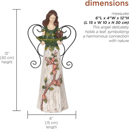 Alpine Corporation WQA1554 Floral Woodland Angel Holding Leaf Statue, Sentimental Home Décor for Patio & Garden, 12"H