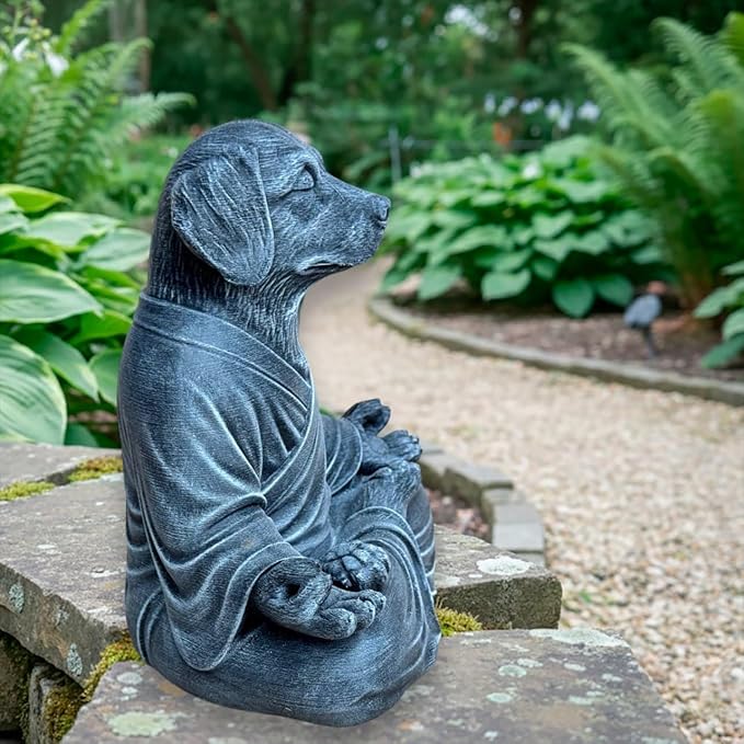 OLOMA Zen Inspired Dog Statue Solid Concrete Stone Sculpture Heavy Protective Resin Coating Outdoor Indoor Garden Decorative Accent for Modern Meditation Interiors Decorative Garden Accent Feature