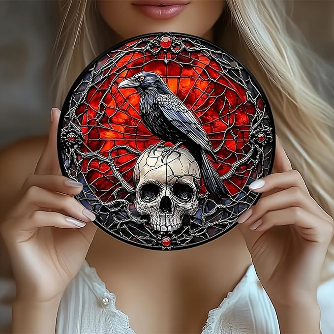 Halloween Sun Catchers Indoor Window Raven Skull Goth Window Decoration Black Goth Acrylic Decoration Black Red with Chain for Home Garden Housewarming Ornaments Gifts for Women Friend Party 7.87 Inch