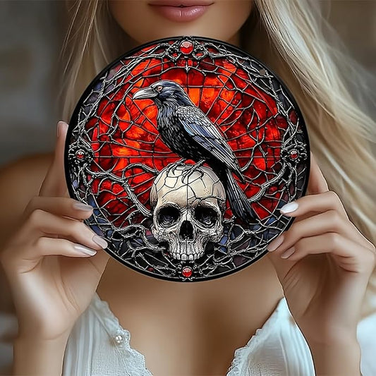 Halloween Sun Catchers Indoor Window Raven Skull Goth Window Decoration Black Goth Acrylic Decoration Black Red with Chain for Home Garden Housewarming Ornaments Gifts for Women Friend Party 7.87 Inch