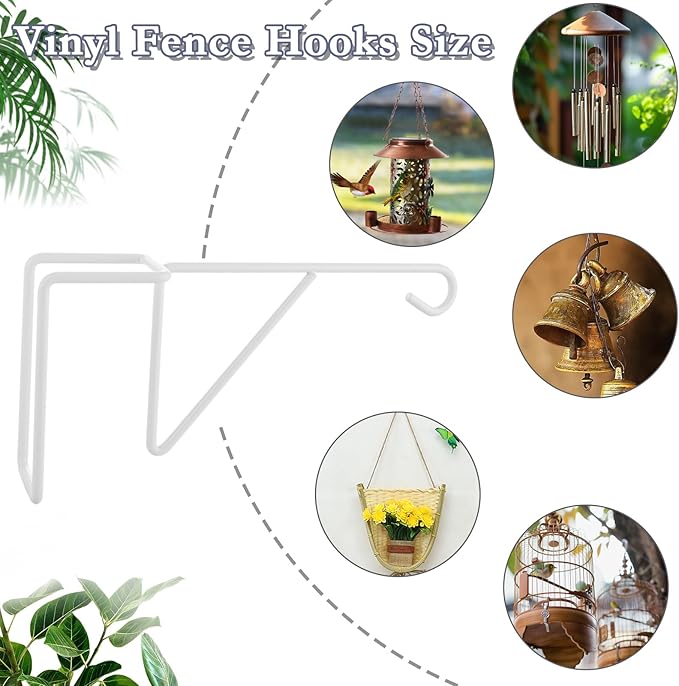 6 Pack Vinyl Fence Hooks, 5” x 10” Heavy Duty Fence Plant Hangers for Outdoor & Indoor, Over The Fence Hooks White Patio Hooks for Hanging Plants, Flower Baskets, Bird feeders, Lights, Pool Equipment