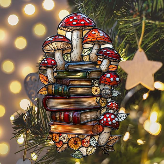 Forest Mushroom Books Acrylic Suncatcher Stained Glass Effect Window Car Hanging Christmas Ornament Indoor Outdoor Decor Garden Sun Catcher Panel for Book Lover for Women Mom Grandma