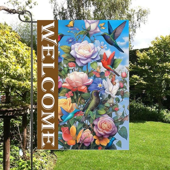 Gkyygk Welcome Garden Flag Roses Hummingbirds Butterflies Double Sided 12x18 Inch Banners Welcome Yard House Outside Outdoor Summer Decoration