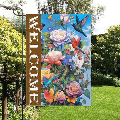 Gkyygk Welcome Garden Flag Roses Hummingbirds Butterflies Double Sided 12x18 Inch Banners Welcome Yard House Outside Outdoor Summer Decoration