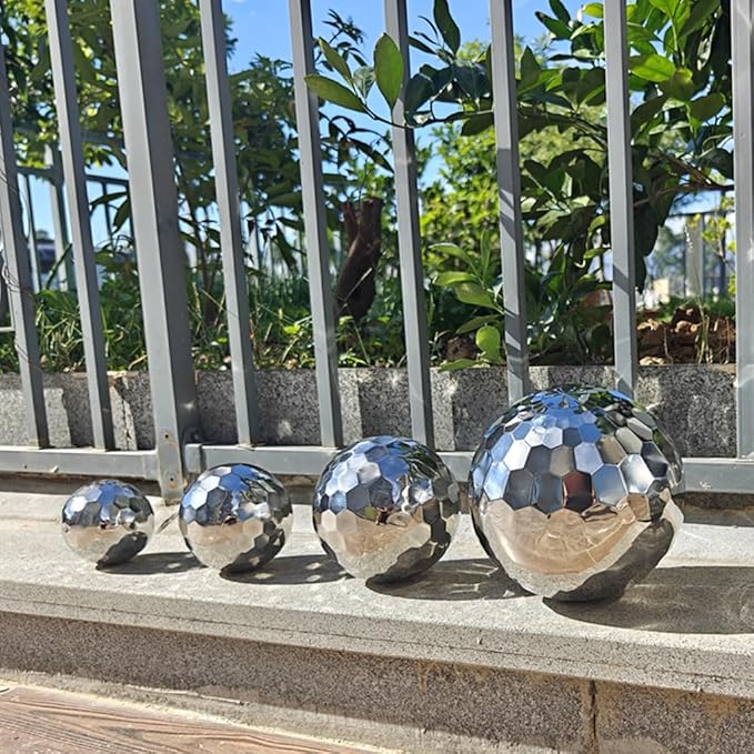 304 Stainless Steel Gazing Ball Sculptures Diamond Ball Decoration Mirror Hollow Decor Ball Reflective Garden Sphere Hollow Metal Ball Ornament Statues Gazing Globe for Home Garden (8 inch)