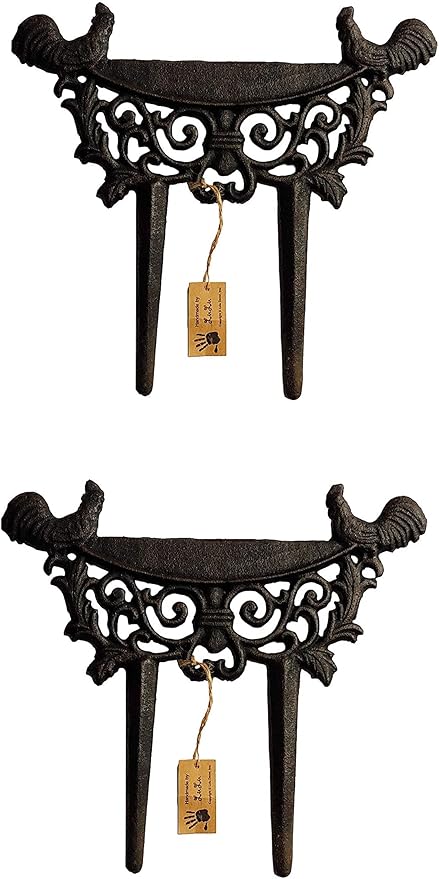 LuLu Decor, Cast Iron Garden Boot Scraper Set of 2, Solid Decorative Design with Pointed Bottom for Easy in ground use, H 10" W 11"(2 Pc Rooster)