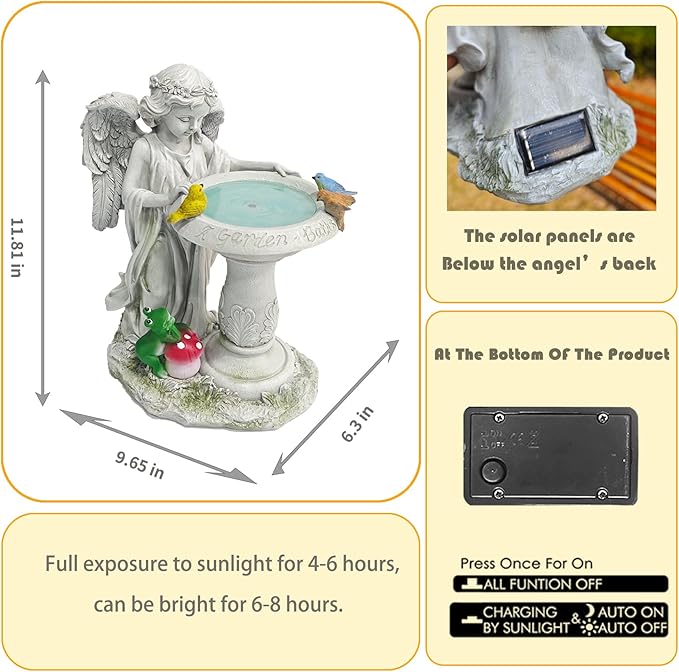 Solar Angel Garden Sculpture with Color - Changing Lights,Resin Garden Outdoor Decorations Figurine with Birds,Frog & Mushroom for Home,Yard,Patio,Balcony,Lawn - Unique Housewarming Gifts