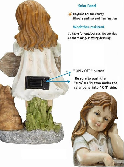 Girl Garden Statue with Solar LED Lights, Solar Girl Welcome Sign with Cat Garden Statue for Outdoor Decor, Porch, Patio, Yard Art Decorations, Polyresin 17.3 inch