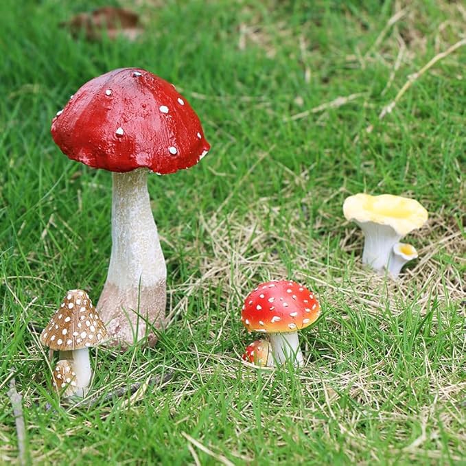 Miniature Resin Mushroom Decor for Fairy Garden – 6 PCS Colorful Mushroom Figurines, Yard Art Ornaments for Outdoor Garden, Bonsai & Terrarium Decorations (Four Set)
