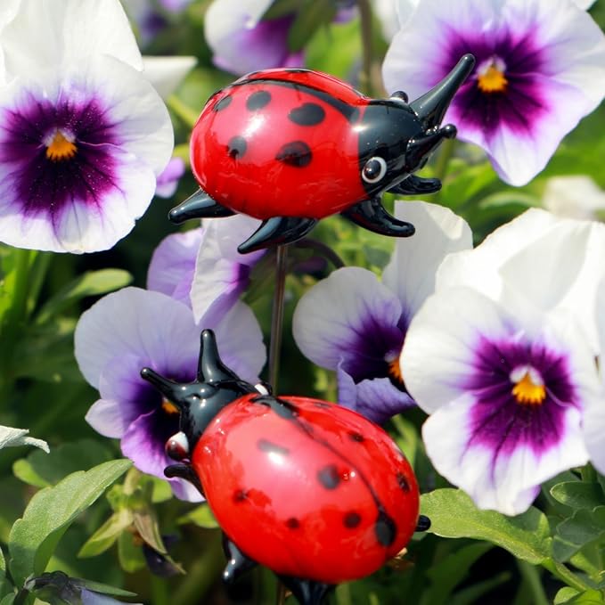 Crystal Insect Glass Ladybird Outdoor Decor Garden Stakes Hand-Blown Artificial Flower Plant Ornaments 2PCS Ladybug Yard Art