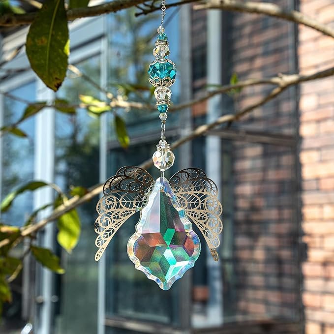 HDCRYSTALGIFTS 14'' Crystal Guardian Angel Suncatcher Rainbow Crystal Prisms Sun Catcher for Home Window Garden Hanging Decor Glass Angel Ornaments for Christmas Tree