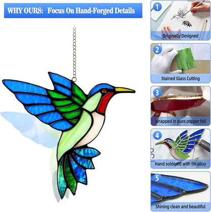 2 Packs Hummingbird Stained Glass Window Hanging Suncatchers - 6 Inch Handmade Real Glass with Copper Foil Edges, Bird Safe Gifts for Women Mom Grandma Bird Lovers(Suction Hooks Included)