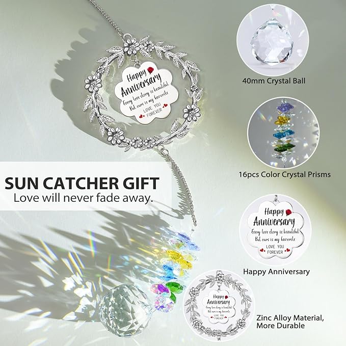 Happy Anniversary Suncatcher Gifts for Wife, Sun Catcher Wedding Gift for Couple, Hanging Crystal Sun Catcher Ornament for Window Rainbow Maker, Anniversary Romantic Gift Ideas for Girlfriend Women
