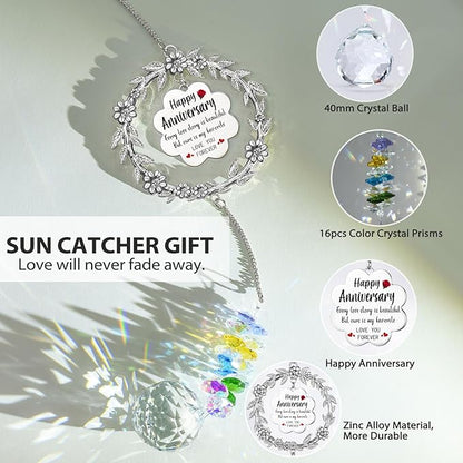 Happy Anniversary Suncatcher Gifts for Wife, Sun Catcher Wedding Gift for Couple, Hanging Crystal Sun Catcher Ornament for Window Rainbow Maker, Anniversary Romantic Gift Ideas for Girlfriend Women