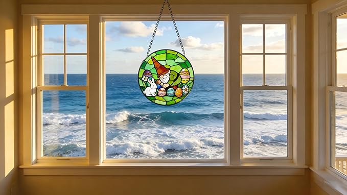 Funoasis Stained Glass Window Hanging Suncatcher - 6.3 Inches Easter Eggs and Rabbit Gnome Ornaments Sun Catcher Home Decor Spring Decoration