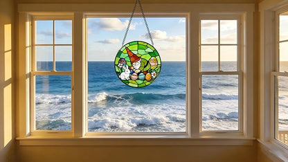 Funoasis Stained Glass Window Hanging Suncatcher - 6.3 Inches Easter Eggs and Rabbit Gnome Ornaments Sun Catcher Home Decor Spring Decoration