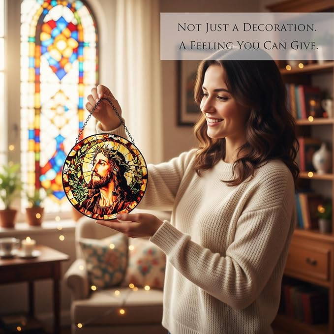 Stained Glass Window Hanging - Jesus Suncatcher, Sun Catchers Decor for Window Hanging, Christian Gifts for Women Men Mom Wife Religious Faith Home Decor 7.8in