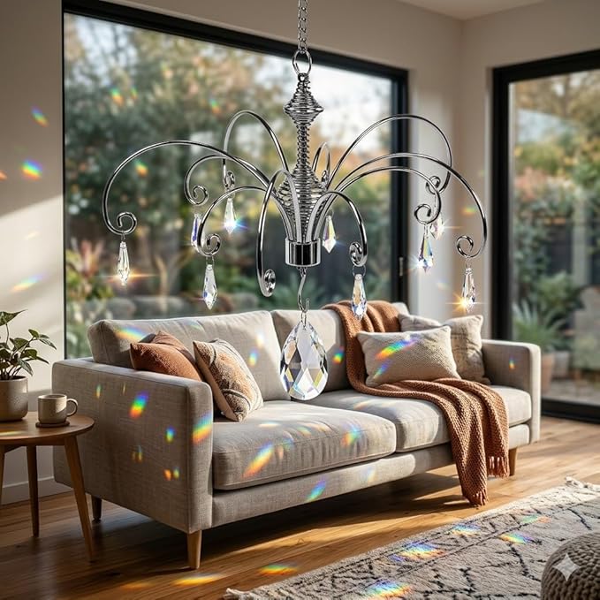 HOHIYA Crystal Suncatcher Hanging Display 2 Pack 12 Inch Silver Metal Chain Prism Rainbow Ornament for Window Garden and Christmas Decor Easter Taiwan Made