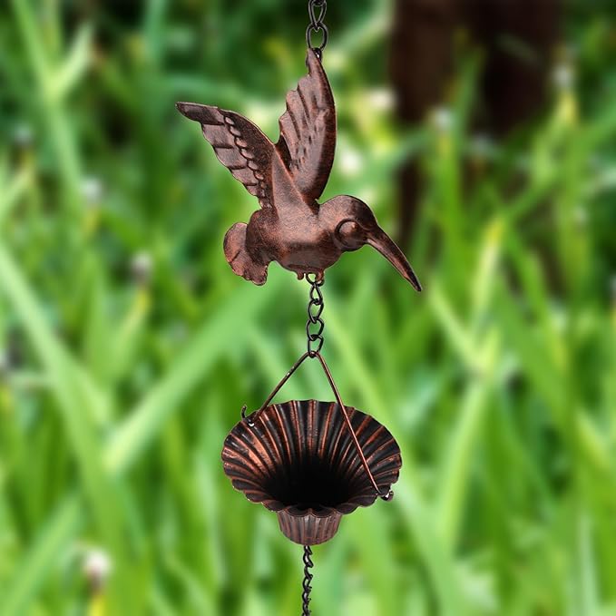 NQEUEPN Bird Rain Catcher Chain, 8.53ft Metal Hummingbird Rain Chain Bell, Outside Decorative Downspout Chain Rainwater, Cup Wind Chime Outdoor Gutter Rainchain Decor for Terraces, Villas, Courtyards