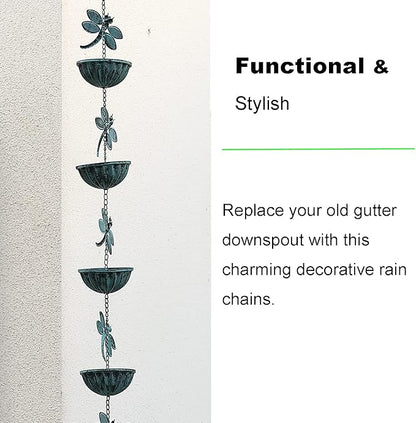 Iron Dragonfly & Cups Rain Chains, 12 Ft Replacement Downspout for Gutters, Antique Blue
