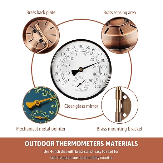 4-Inch Brass Analog Outdoor Thermometer & Humidity Gauge - Easy Install Battery-Free Wall Mount, Window Readable for Patio Garden Garage