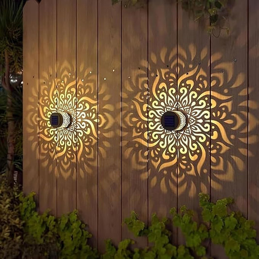 Decorative Solar Mandala Lights Outdoor Waterproof LED Metal Solar Powered Wall Fence Lights for Garden Yard Deck Step Patio Pool Lawn Back Yard Exterior Wall Decorative Lighting(#A,4PCS)
