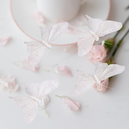 Cartanfill- Feather Fake Butterfly Balcony Decoration, Wedding Home Flower Pot Christmas Valentine's Day Fairy Garden Fairy Garden Supplies, White, 12pcs Wire