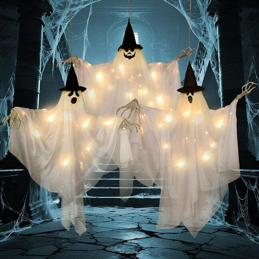 EASY JOY 3PCS Halloween Decorations Outdoor Hanging Ghost Decor with Lights Spooky Halloween Ornaments Ghosts Decorations for Front Porch Yard Tree