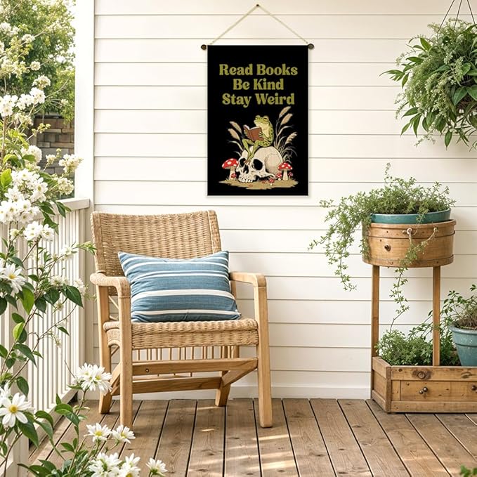 Read Books Be Kind Stay Weird Garden Flag Double Sided Yard Outdoor Decoration 12x18 Inch, Bookish Frog Outdoor Garden Flag, Kind Reading Room Decor Banner, Librarian Book Lovers Gifts