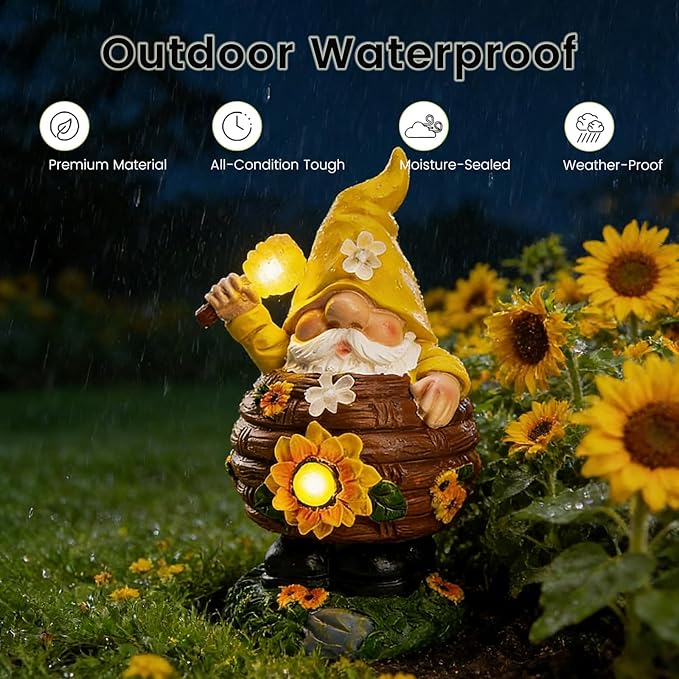 AVEKI Solar Garden Gnome Statue, Funny Gnome Honey Pot Figurine with Solar Light, Outdoor Waterproof Resin Garden Art for Patio Yard Lawn Balcony Ornament, Ideal Gift for Mom Grandma Women