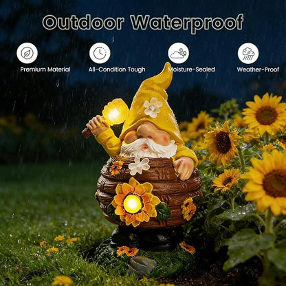 AVEKI Solar Garden Gnome Statue, Funny Gnome Honey Pot Figurine with Solar Light, Outdoor Waterproof Resin Garden Art for Patio Yard Lawn Balcony Ornament, Ideal Gift for Mom Grandma Women